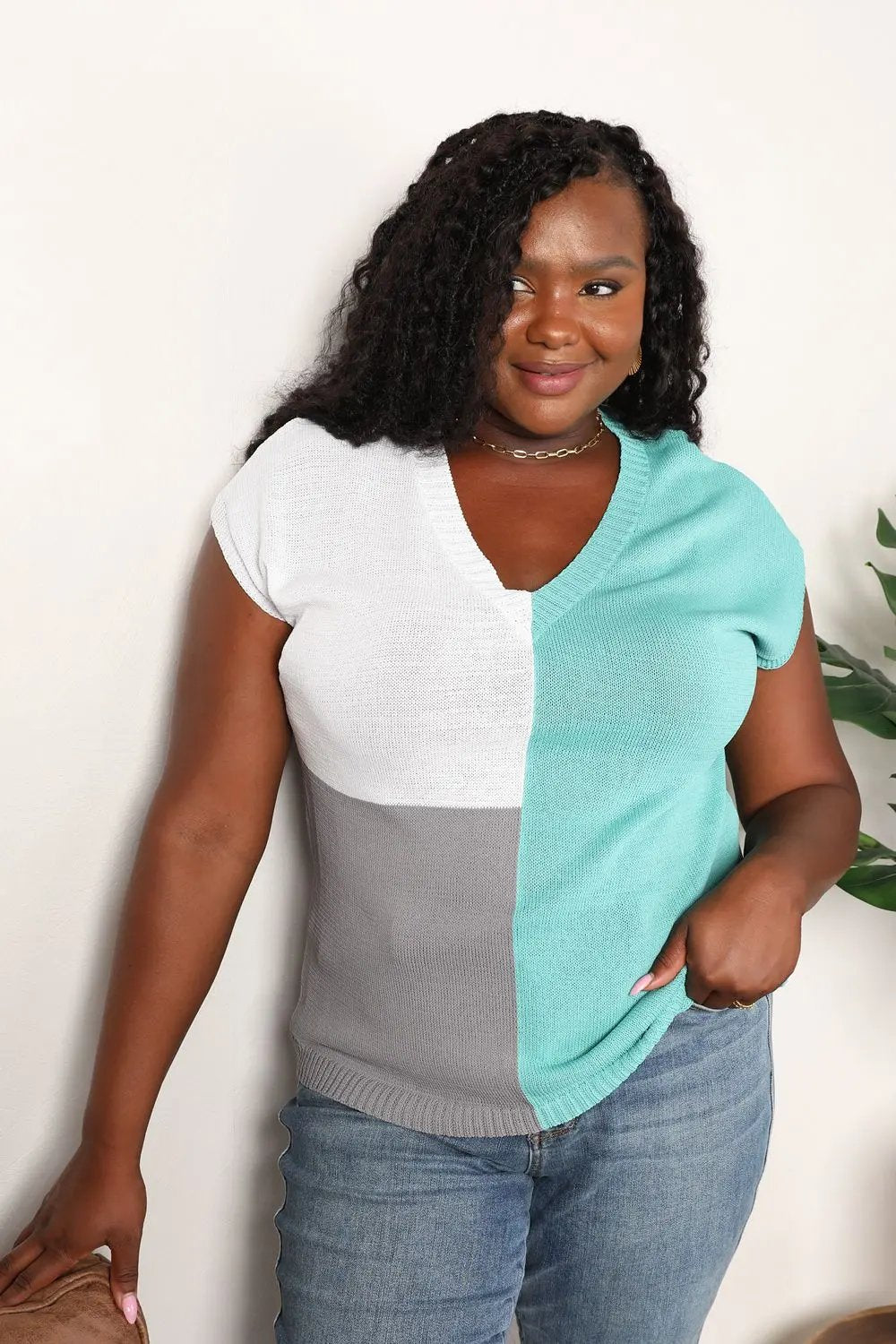 Double Take: Colorblock V-Neck Knit Top - Love Salve
